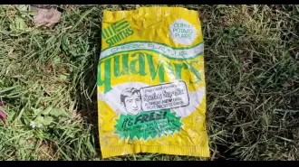 Man discovers 50-year-old potato chip bag in his backyard.