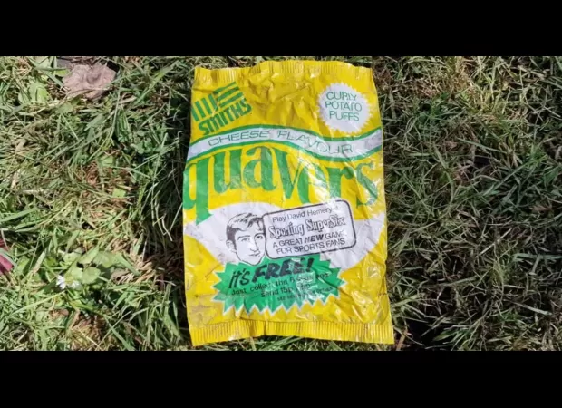 Man discovers 50-year-old potato chip bag in his backyard.