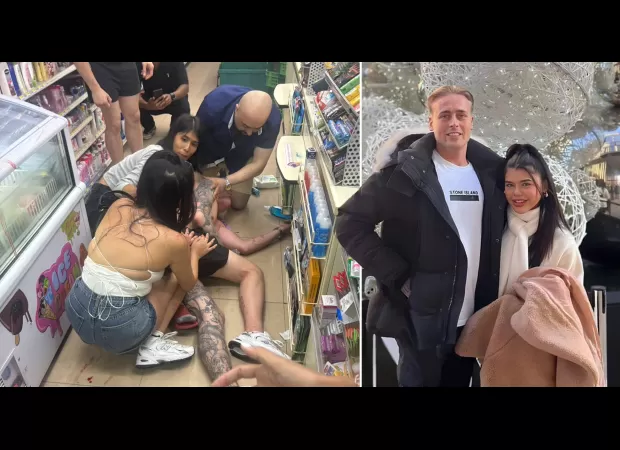 A man was stabbed in front of his girlfriend while intervening in a fight.