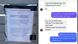 After being targeted by scammers, a resident puts up a sign to deter them from sending victims to their home.