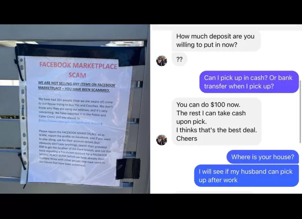 After being targeted by scammers, a resident puts up a sign to deter them from sending victims to their home.