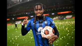 Ademola Lookman celebrates after becoming the first English player to score in a Europa League final for Atalanta in their victory against Bayer Leverkusen.