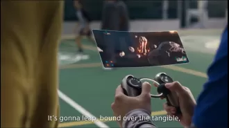 Video shows futuristic floating screen on PlayStation controller for next generation.