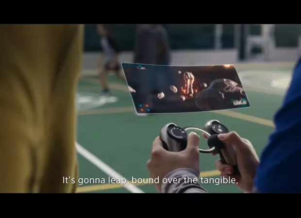 Video shows futuristic floating screen on PlayStation controller for next generation.