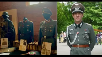 Supervisors of WWII gathering support attendees in Nazi attire.
