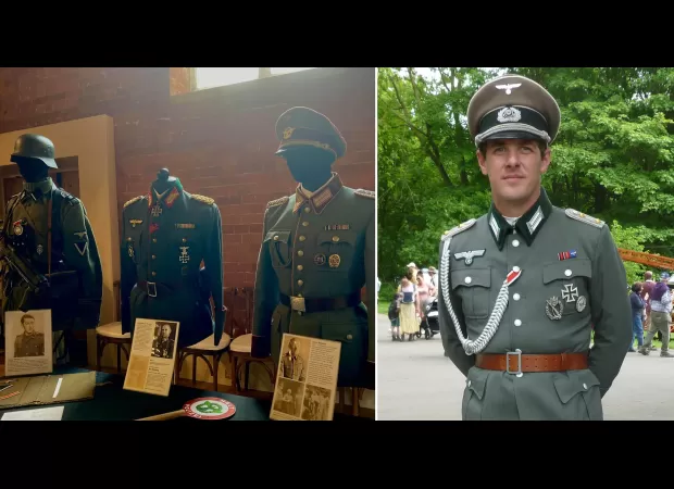 Supervisors of WWII gathering support attendees in Nazi attire.