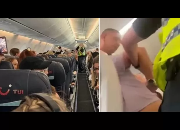 A man was forcefully removed from a TUI flight for attacking staff and refusing to surrender a bottle of gin.