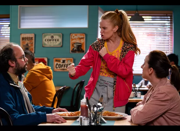 Intoxicated Bianca reacts angrily when she receives distressing information about Whitney on EastEnders.