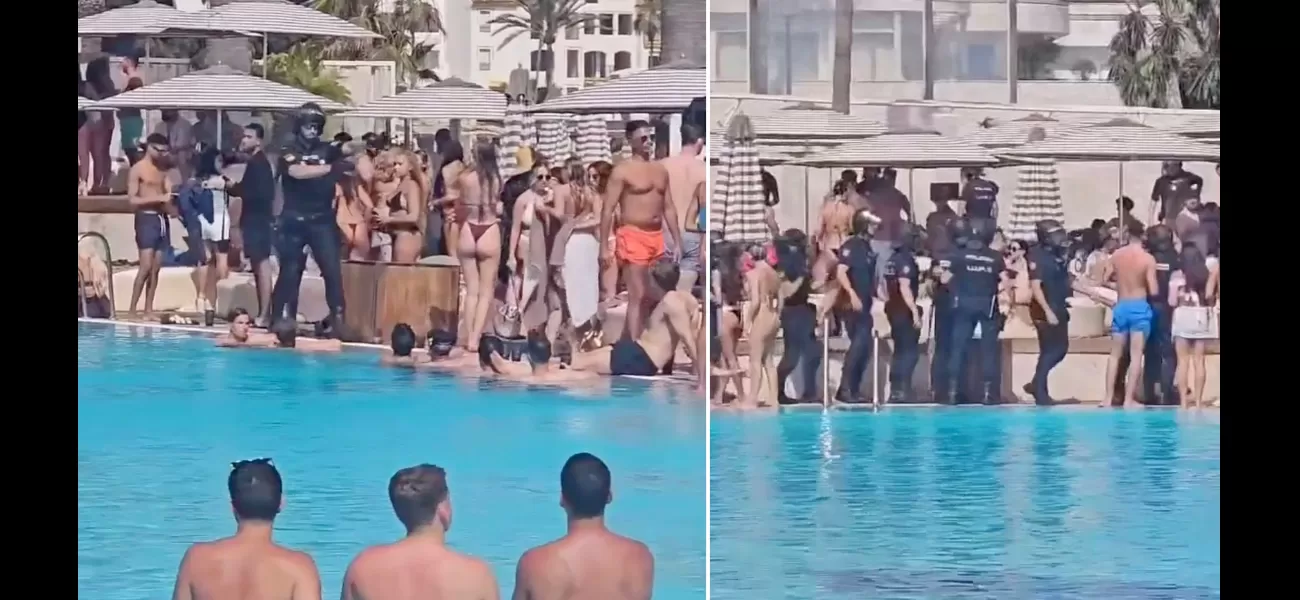 Police with weapons enter Marbella beach club and tell individuals to leave the pool.