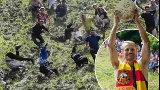 A man from Perth triumphs in a 'crazy' cheese-rolling race in the UK, as he predicted.