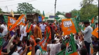 Workers of the BJP demonstrate against the arrest of Jagadev.