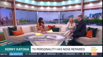 TV host shocks audience while examining Kerry Katona's surgically repaired nose following substance abuse.