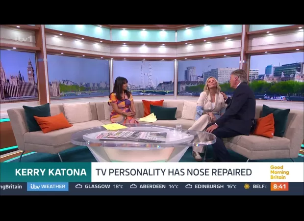 TV host shocks audience while examining Kerry Katona's surgically repaired nose following substance abuse.