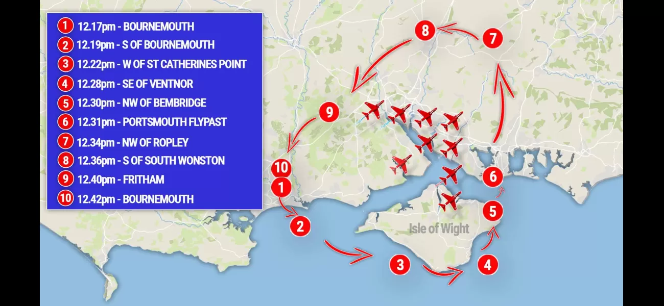 A map displays the Red Arrows flypast path for the 80th anniversary of D-Day, which surprisingly does not include London.
