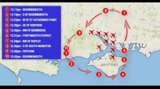 A map displays the Red Arrows flypast path for the 80th anniversary of D-Day, which surprisingly does not include London.