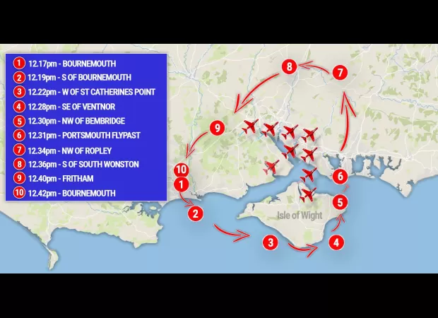 A map displays the Red Arrows flypast path for the 80th anniversary of D-Day, which surprisingly does not include London.