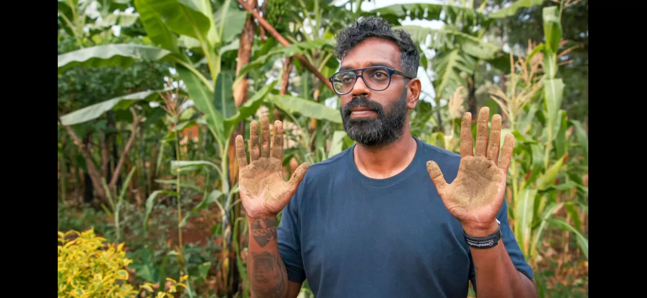 Romesh Ranganathan remains calm after handling cow feces with his bare hands.