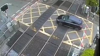A female is injured by a descending train gate.