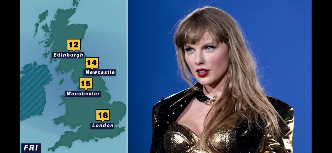 Weather map shows conditions for Taylor Swift’s debut UK concert during Eras tour.