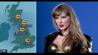 Weather map shows conditions for Taylor Swift’s debut UK concert during Eras tour.