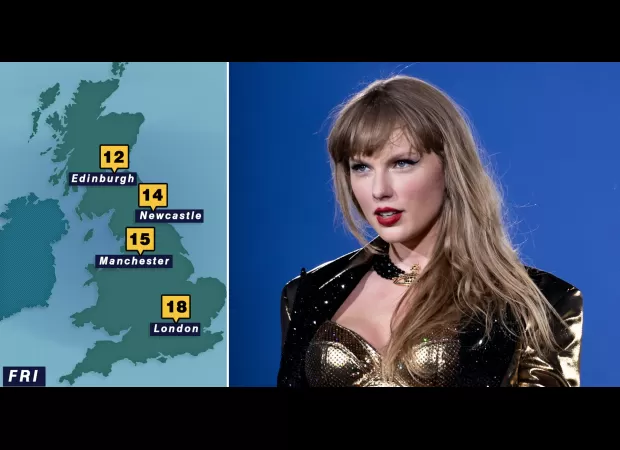 Weather map shows conditions for Taylor Swift’s debut UK concert during Eras tour.