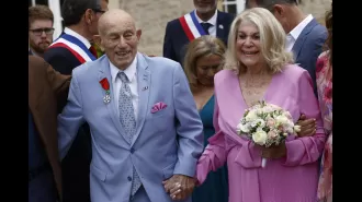 100-year-old WWII vet marries 96-year-old bride at D-Day beaches in Normandy.