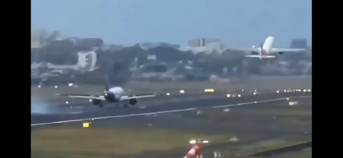 Two planes narrowly avoid collision as one lands only moments after another takes off.