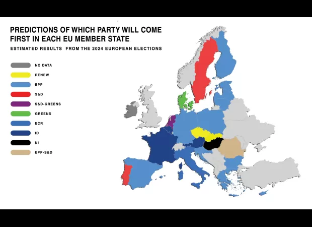 A map displays the extent of far-right support in Europe following EU elections.