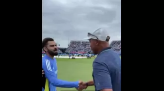 Kohli, Yuvraj, and Bumrah meet NBA legend John Starks after India's victory over Pakistan in T20 World Cup.