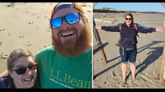 Husband watches as wife disappears into quicksand during beach walk.