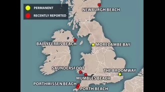 A map shows where quicksand is most frequently found in the UK.