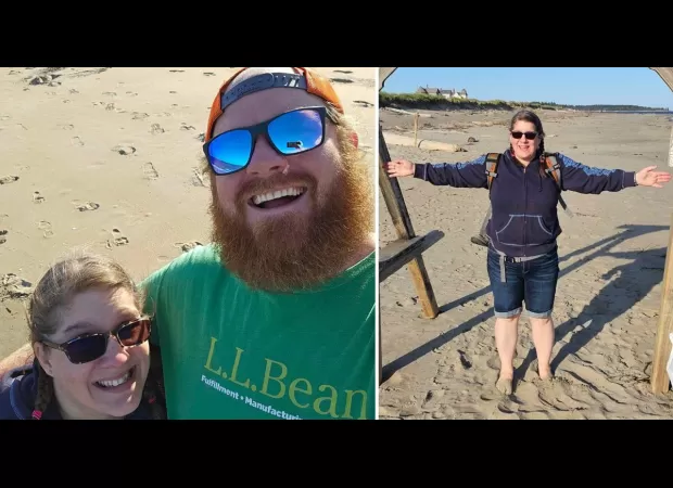 Husband watches as wife disappears into quicksand during beach walk.