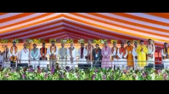 PM Modi and other officials present at ceremony for the inauguration of new BJP-led government in Odisha.