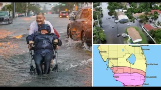 A map displays flood zones in South Florida due to heavy rain from a tropical storm.