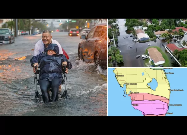 A map displays flood zones in South Florida due to heavy rain from a tropical storm.