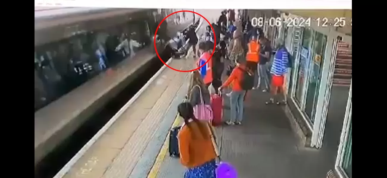 Baby in stroller hit by train on platform, causing fear.