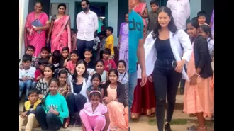 Actress Sunny Leone films in Karnataka and also takes time to visit a village school.