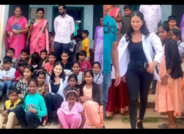 Actress Sunny Leone films in Karnataka and also takes time to visit a village school.