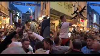 UK supporters sing song about WWII combat while playing with model aircrafts in preparation for soccer tournament