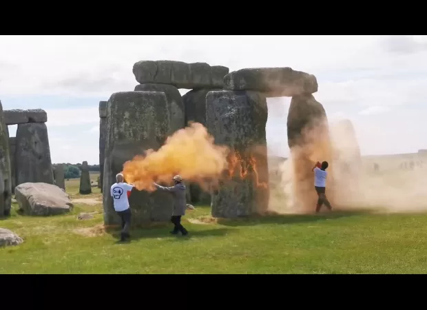 Spray-painted orange on Stonehenge.