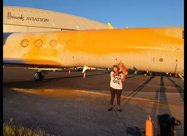 Taylor Swift's private jet was covered in paint just hours after arriving, as part of a protest against using oil to fuel planes.