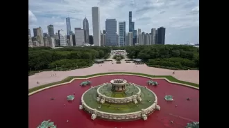 Buckingham Fountain in Chicago shut down due to red pool water from pro-Palestine protest.