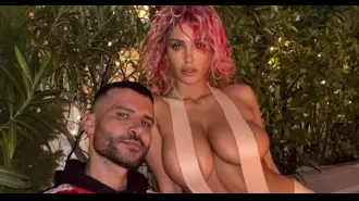 Kanye's wife Bianca Censori has a wardrobe mishap in a revealing tape outfit.