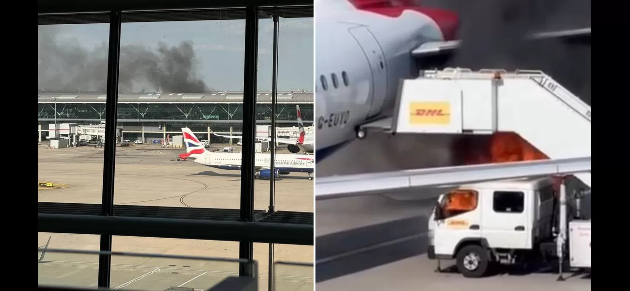 A massive truck fire occurs near a British Airways plane at Heathrow Airport.