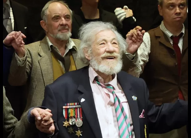 Sir Ian McKellen seen in public with wrist brace following onstage accident.