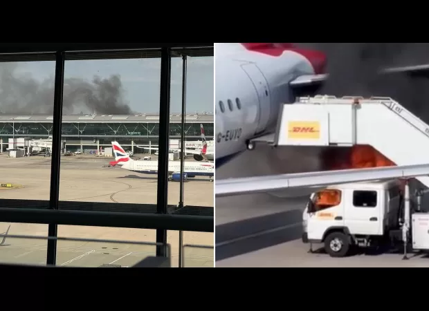 A massive truck fire occurs near a British Airways plane at Heathrow Airport.