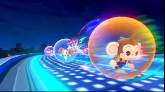 Review of Super Monkey Ball Banana Rumble: primates rolling around in a ball.