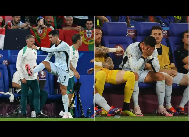 Cristiano Ronaldo gets angry and has a tantrum when he is taken out of the game for Portugal against Georgia.