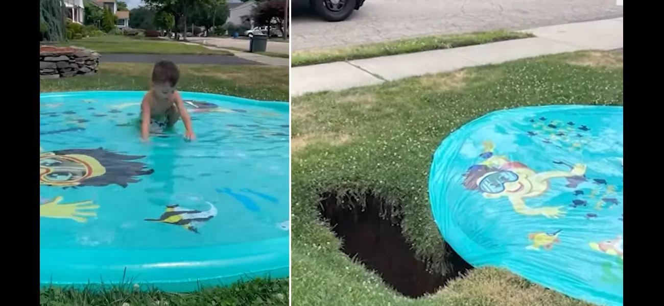 A child playing on a splash pad was almost swallowed by a sinkhole that suddenly appeared in his front yard.