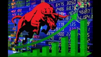 Stock market's benchmark index Sensex reaches record level with large companies stocks leading the surge.